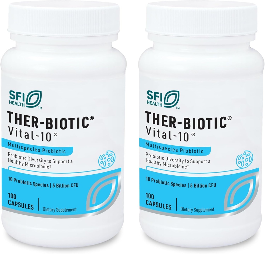 Klaire Labs SFI Health Vital-10 Probiotique - Supplément de soutien immunitaire et digestif 5 milliards CFU 10 Espèces avec Lactobacillus, Bifidobacterium & Streptococcus, sans produits laitiers (100 capsules, 2 paquets)