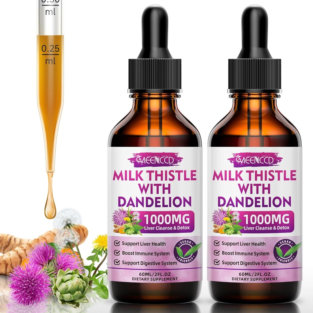 2 paquets de gouttes liquides de chardon de lait - Nettoyez le foie Détox et réparation - 1000mg de supplément de chardon de lait pour le soutien du foie, supplément de foie silymarin pour la santé du foie, végétalien, non-OGM, 4 Fl Oz