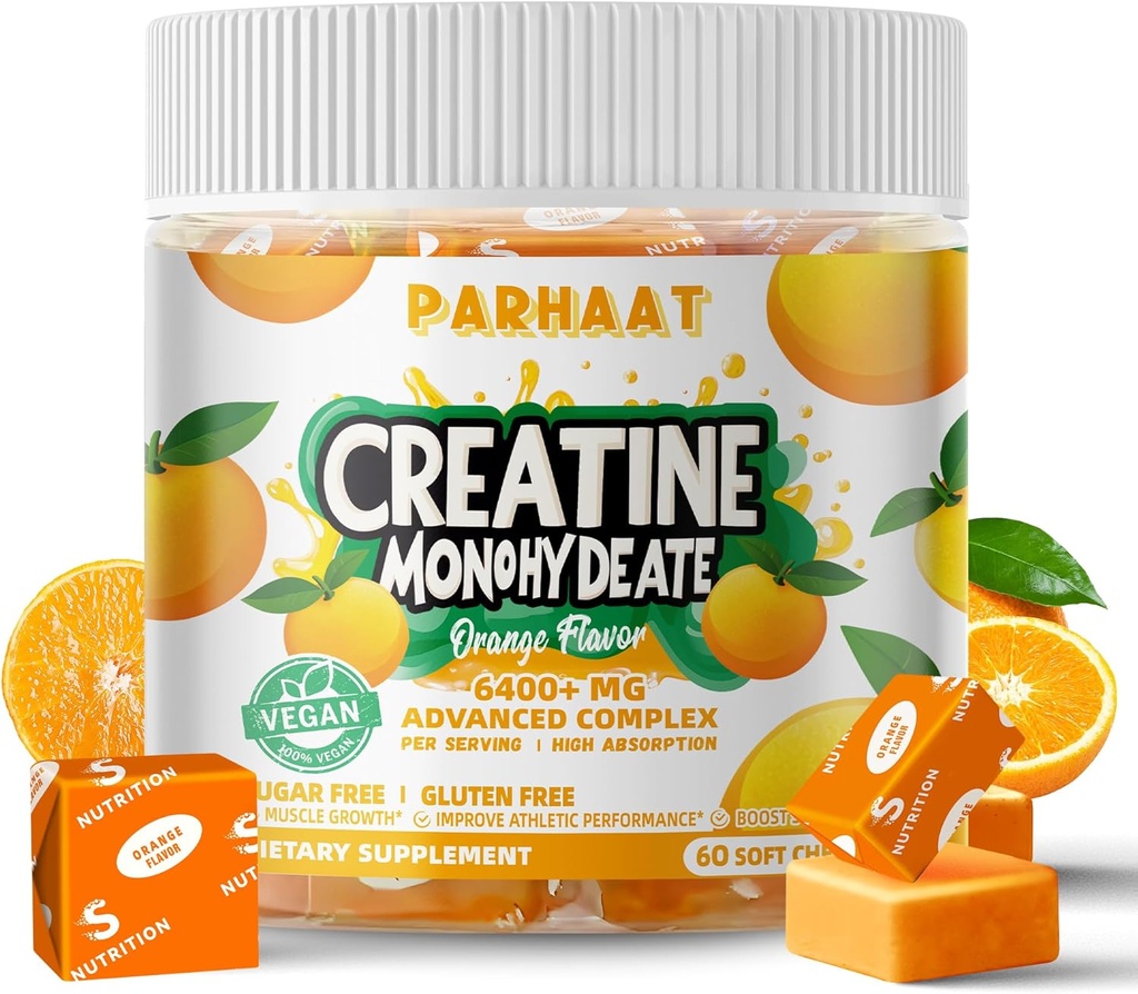 Creatine Monohydrate Chews Complex 6400mg pour les hommes et les femmes -Advanced Formula W/L-Taurine + Vitamine B12, Supplément à croquer sans sucre,60 softchews orange
