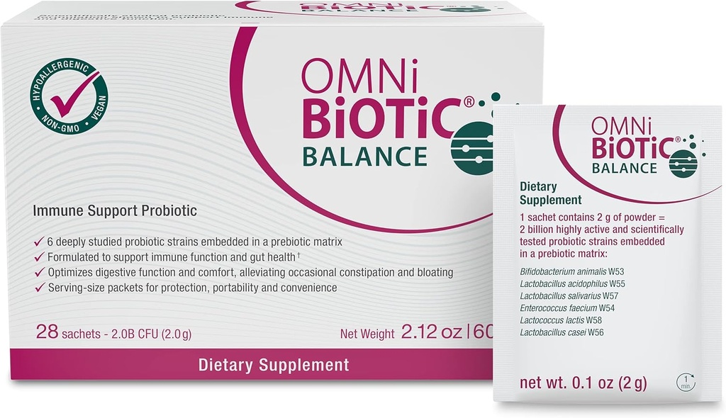 OMNi BiOTiC Balance Probiotic Immune Support - Bifidobacterium & Lactobacillus - Hypoallergénique - Supplément de booster pour les hommes et les femmes - Non-OGM (28 paquets quotidiens)