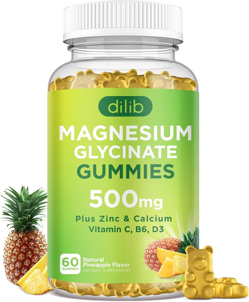 Glycinat de magnésium Gommies 500mg Supplément de magnésium avec Calcium, Zinc, Vitamine C, B6, D3-Calm Gommies à croquer pour les enfants et les adultes-Sleep, Mood & Muscle Support-Pineapple Flavor, 60 Gommies