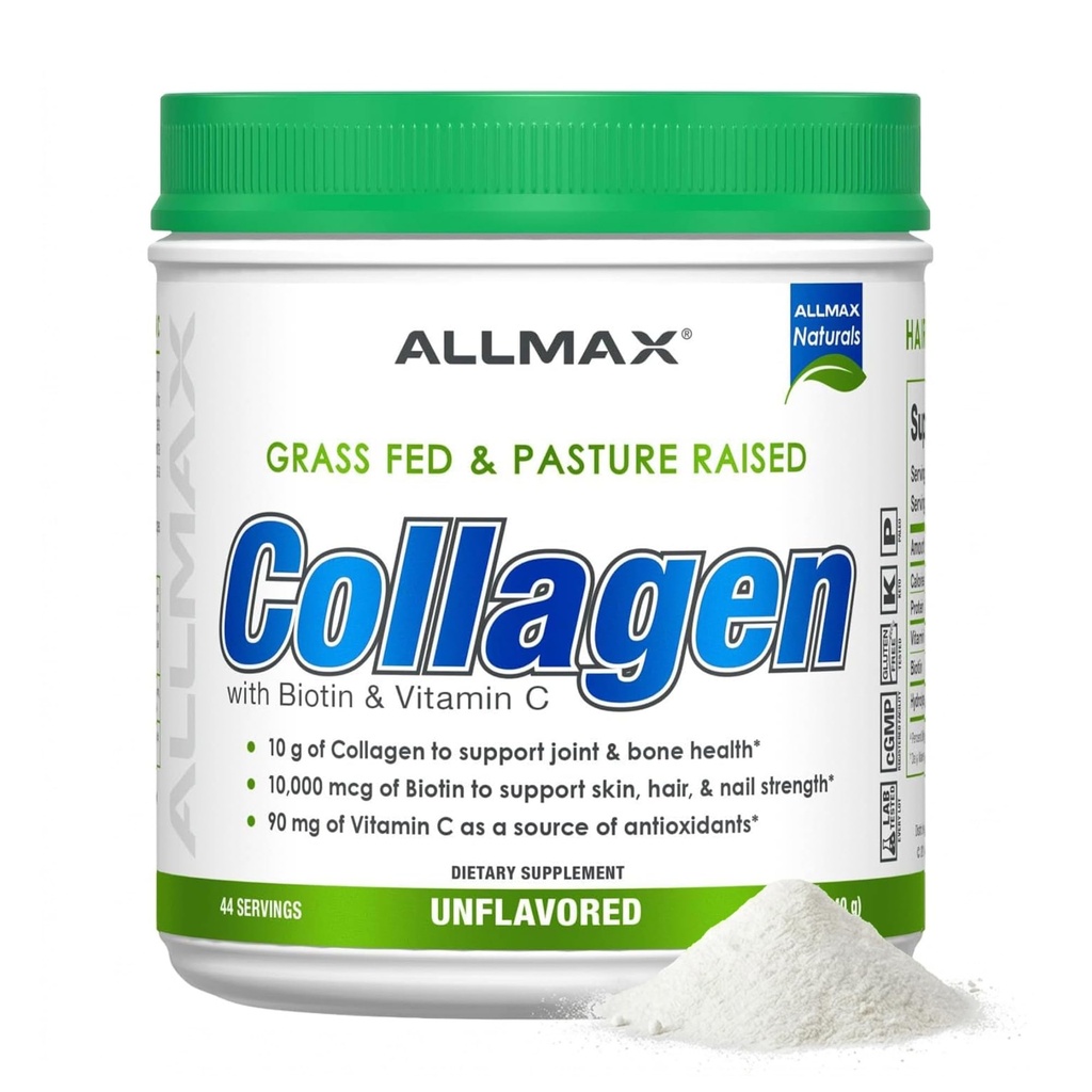 ALLMAX Nutrition Herbacé et pâturage Collagène élevé avec 10 000 mcg Biotine + 90 mg de vitamine C, non aromatisé, 15,5 oz (440 g)