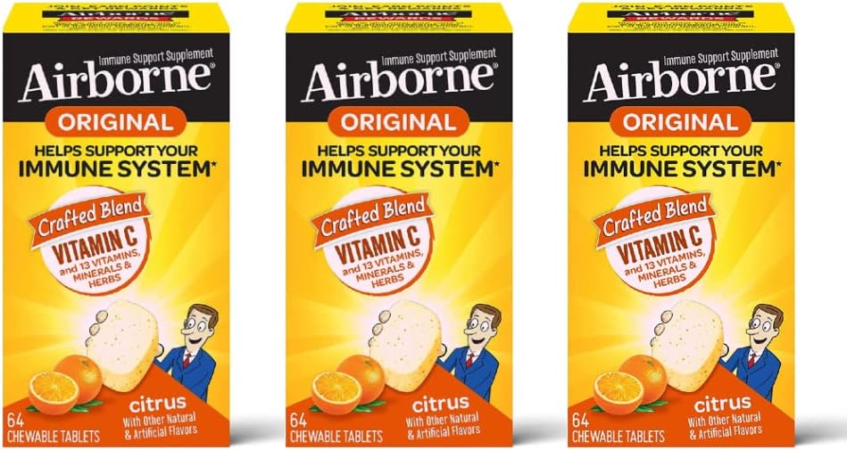 Airborne Vitamin C 1000mg (per Serving) - Citrus Chewable Tablets (64ct/Box), Gluten-Free Immune Support Supplement, Vitamins A C E, ZINC, Selenium, Echinacea, Ginger, Antioxidants (3-Pack)