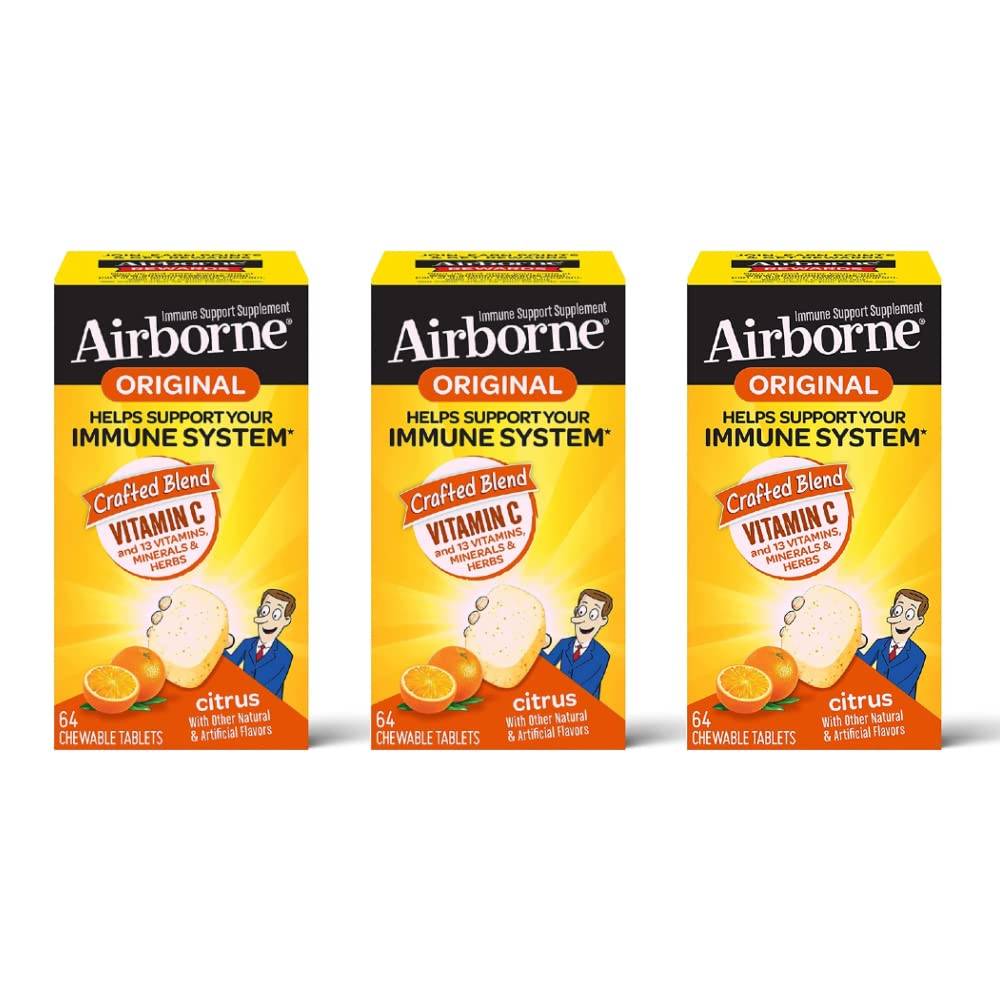Vitamine C aéroportée 1000mg (par portion) - Comprimés à croquer d'agrumes (64ct/Box), Supplément de soutien immunitaire sans gluten, vitamines A C E, ZINC, Sélénium, Echinacea, Ginger, Antioxydants (3-Pack)
