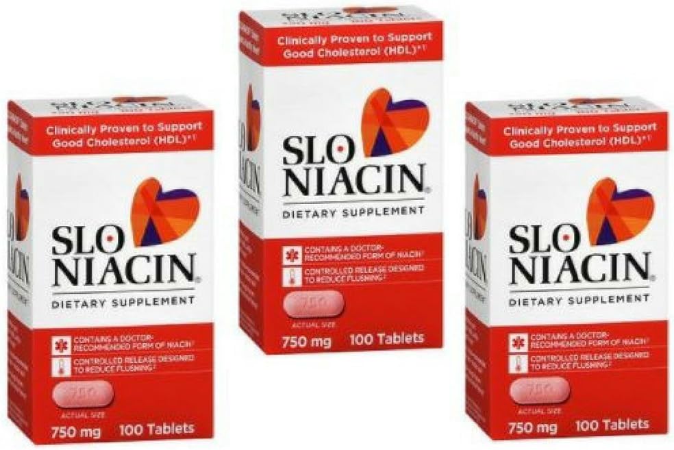 Supplément alimentaire SLO-NIACIN Une fois par jour avec 750 mg de vitamine B niacine de l'acide nicotinique pour une absorption élevée 100 comprimés par boîte de flacon 3