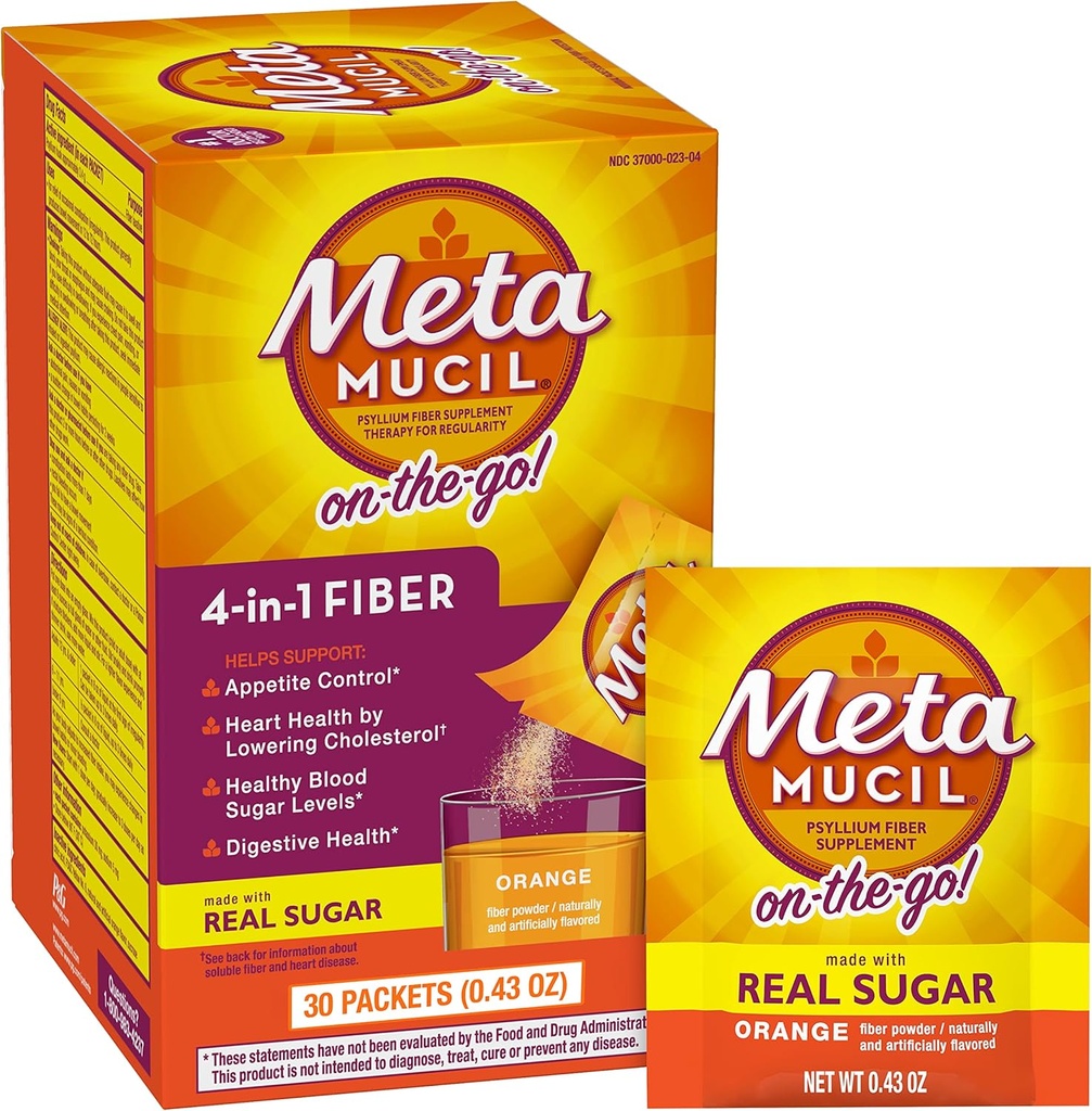 Métamucil On-the-Go, supplément quotidien en poudre de Psyllium Husk avec du sucre réel, fibre de 4-en-1 pour la santé digestive, boisson aromatisée lisse orange, 2 paquets x 30 nombre = 60 paquets Total