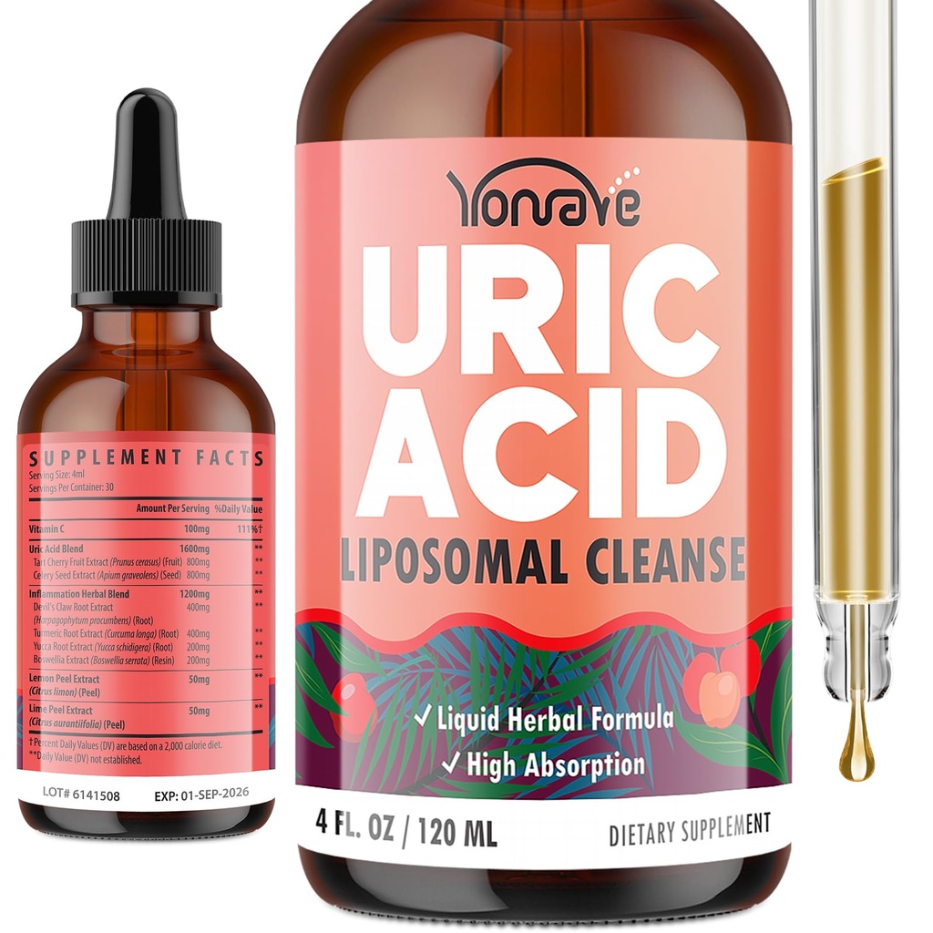 Yonrave Liposomal Uric Acid Drops, Tart Cherry Supplement with Celery Seed & Boswellia Extract – Muscle, Detox, Joint and Kidney, Uric Acid Cleanse Liquid Supplement– 4 FL OZ (1 Bottle)