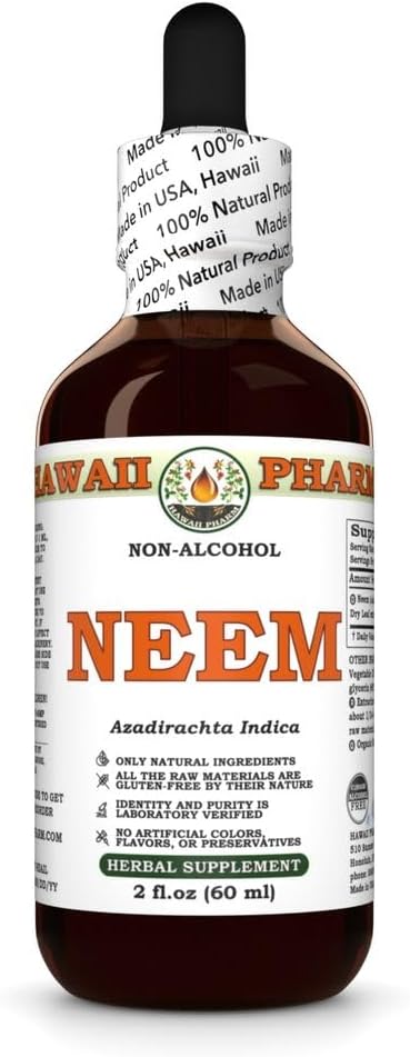 Neem Extrait liquide sans alcool, Neem biologique (Azadirachta Indica) Feuille séchée Glycérite supplément naturel à base de plantes, Hawaii Pharm, États-Unis 2 fl.oz