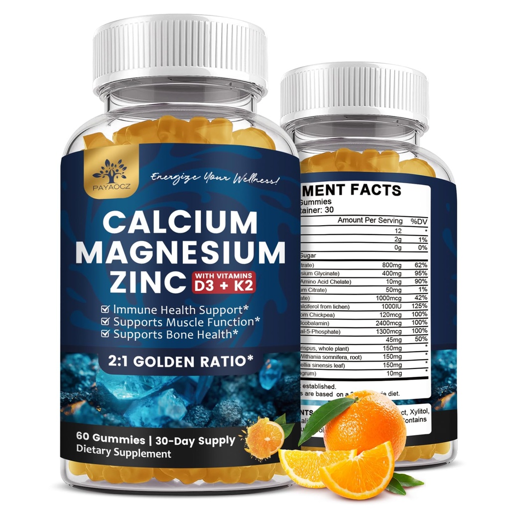 (2 Pack) Gommies de zinc de magnésium de calcium avec vitamine D3, K2, B12 et B6 pour adultes, Glycinat de magnésium sans sucre avec supplément de mousse de mer de potassium, Citrate de calcium pour l'humeur osseuse et le soutien du sommeil