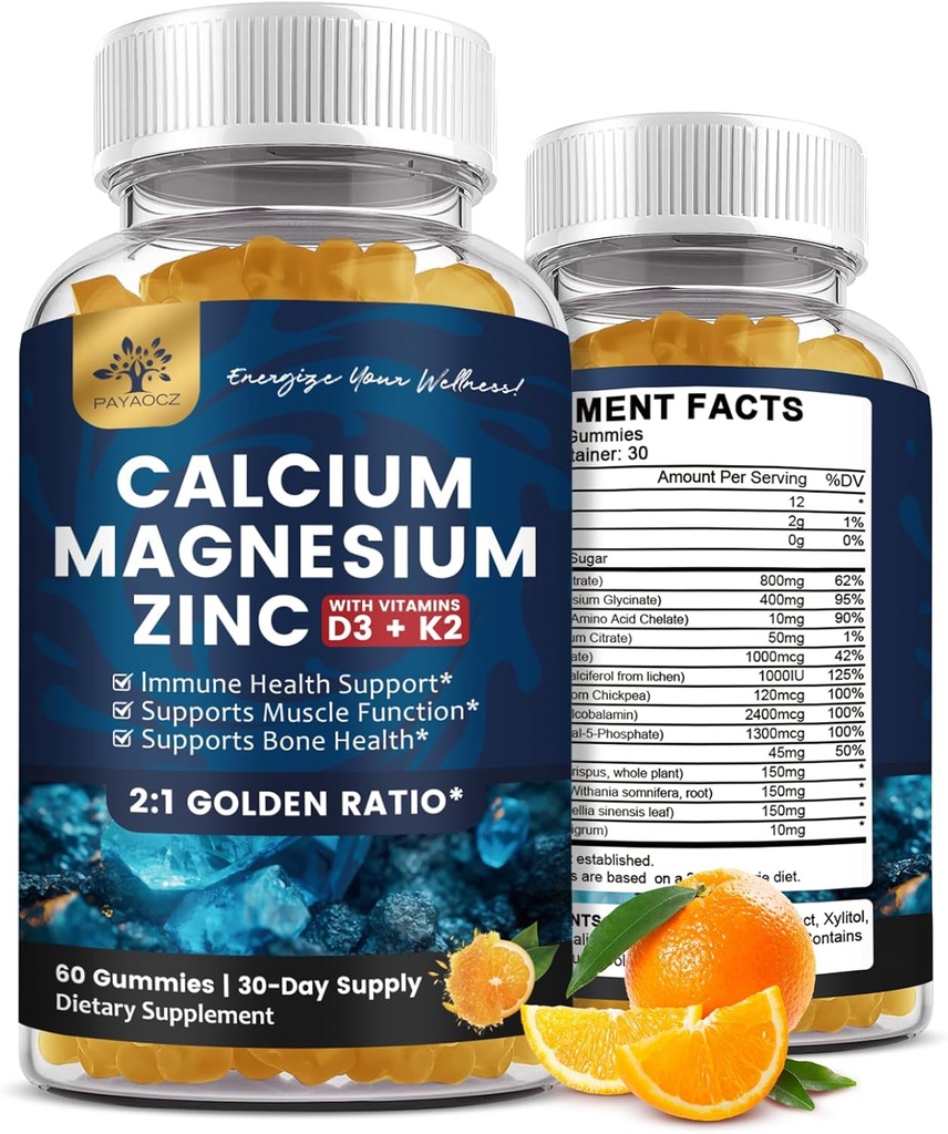 (2 Pack) Gommies de zinc de magnésium de calcium avec vitamine D3, K2, B12 et B6 pour adultes, Glycinat de magnésium sans sucre avec supplément de mousse de mer de potassium, Citrate de calcium pour l'humeur osseuse et le soutien du sommeil