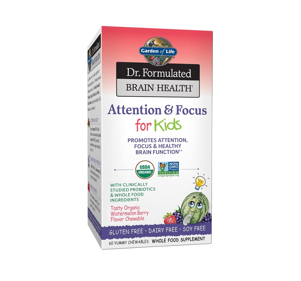 Jardin de la vie Dr. Formulé l'attention et la focalisation pour les enfants, Supplément favorise la santé de la fonction cérébrale, la concentration avec la myrtille sauvage biologique, l'écorce de pin, la vitamine C, D et les probiotiques, 60 comte
