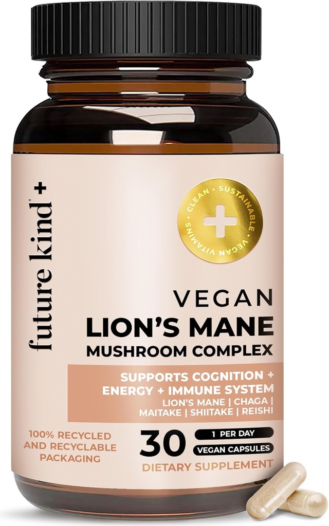 Lion végétalien du futur complexe de champignons de la Mane - Supplément cerveau avec Chaga, Maitake, Shiitake et Reishi, soutient la mémoire et la focalisation (30ct)