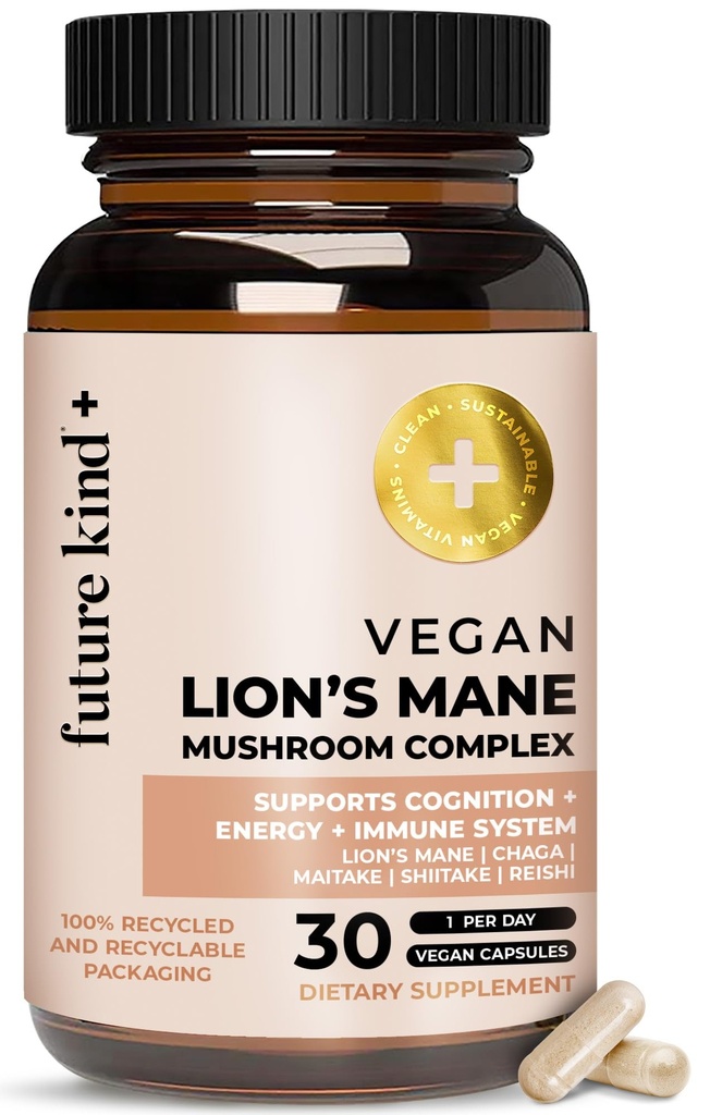 Lion végétalien du futur complexe de champignons de la Mane - Supplément cerveau avec Chaga, Maitake, Shiitake et Reishi, soutient la mémoire et la focalisation (30ct)