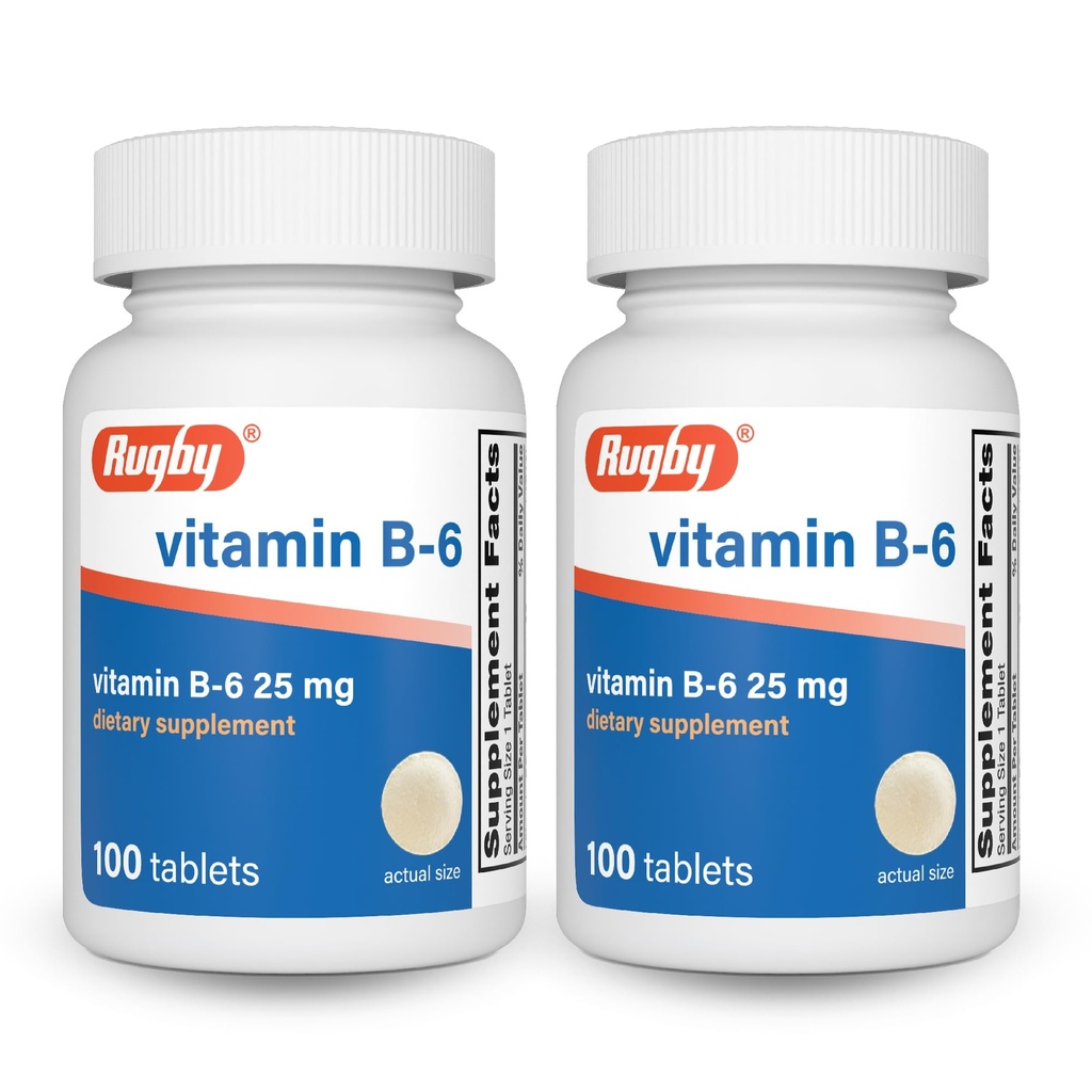 Comprimés de vitamine B-6 de rugby - 25 mg de vitamine B6 - Supplément alimentaire - 100 Compte (2 paquets)