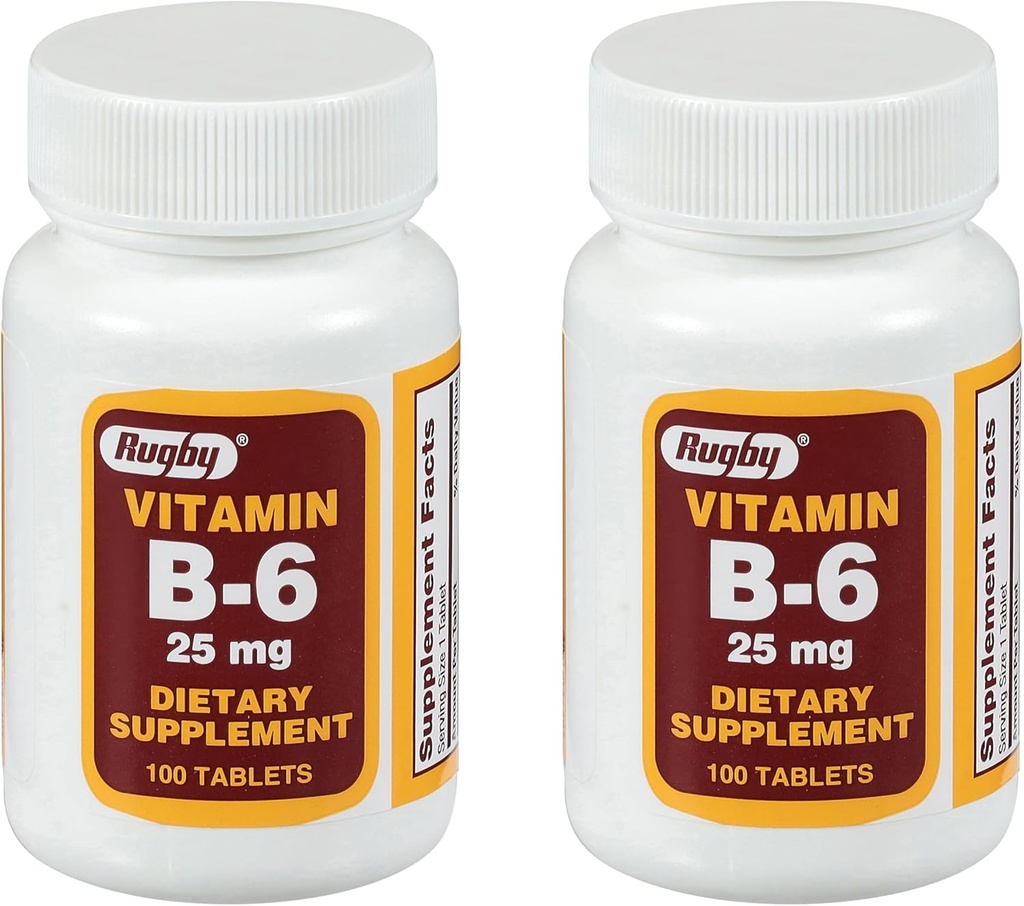 Rugby Vitamin B-6 Tablets - 25mg of Vitamin B6 - Dietary Supplement - 100 Count (2 Pack)
