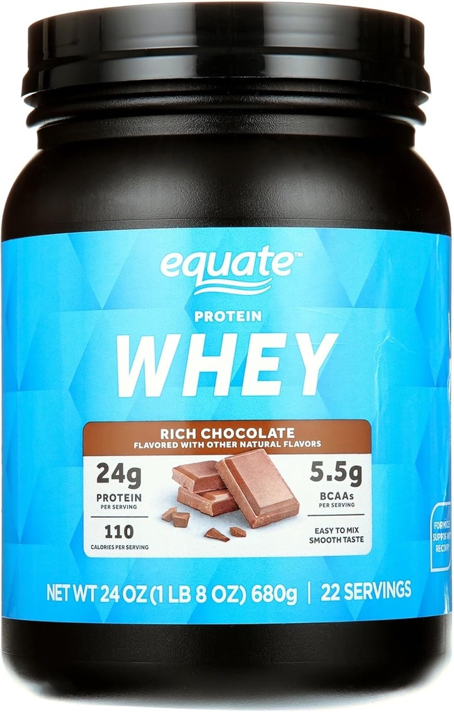Equates Whey Protein Powder, Rich Chocolate, 24g Protein per Serving, 5.5g BCAAs, Whey Isolate Blend, 22 Servings, Smooth & Delicious, Unisex, Muscle Recovery Supplement, 1.5 lbs