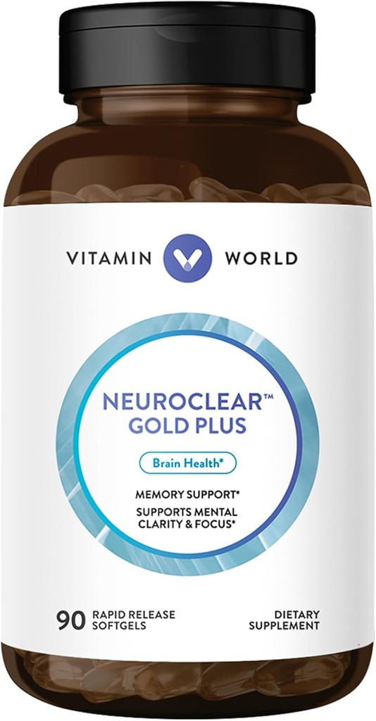 Vitamine World NeuroClear Gold Plus 90 Softgels, Phosphatidylsérine, DHA, Ginkgo Biloba, soutient le cerveau et la concentration mentale, la libération rapide, sans gluten