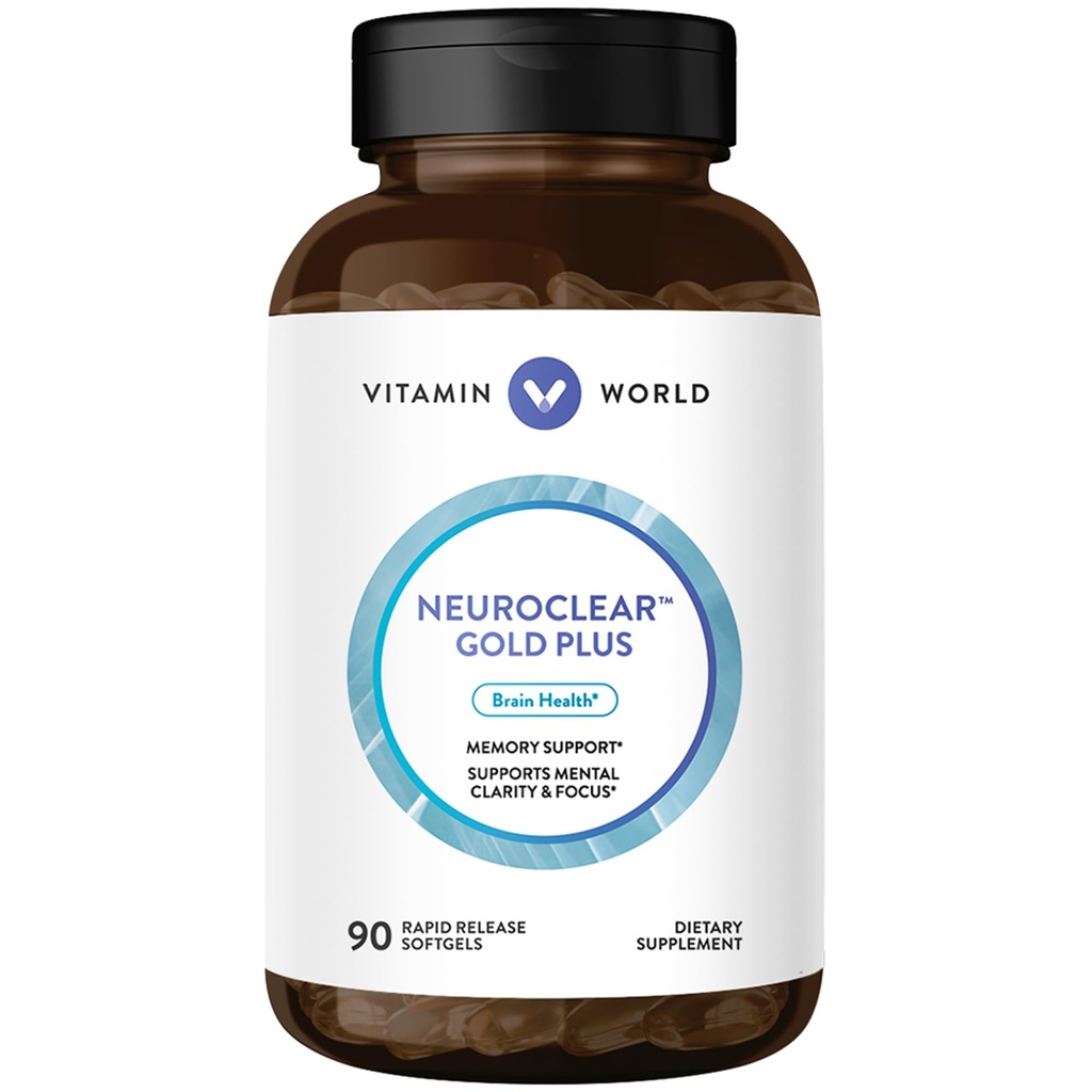 Vitamine World NeuroClear Gold Plus 90 Softgels, Phosphatidylsérine, DHA, Ginkgo Biloba, soutient le cerveau et la concentration mentale, la libération rapide, sans gluten