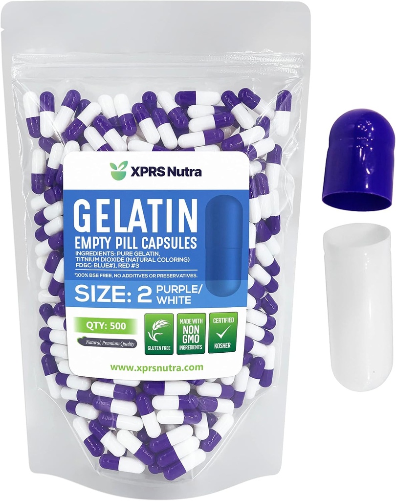 XPRS Nutra Taille 2 Capsules vides - 500 Compte Capsules de gélatine vides - Pills Bricolage Capsule Remplissage - Pure Pilule Gel Caps pour Do-It-Youlf Suppléments (Purple/White)