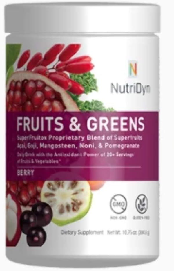 NutriDyn Fruits & Verts Saveur de baies *Certifié biologique* avec Acai, Gogi, Mangosteen, Noni & grenade Super Fruits 304,8 Grams (Berry)