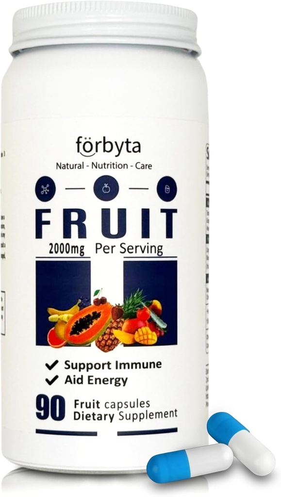 Supplément de fruits – Capsules complètes de mélange de fruits à base d'aliments – Support antioxydant naturel – Riche en vitamines essentielles – Non-OGM, sans gluten – 90 capsules