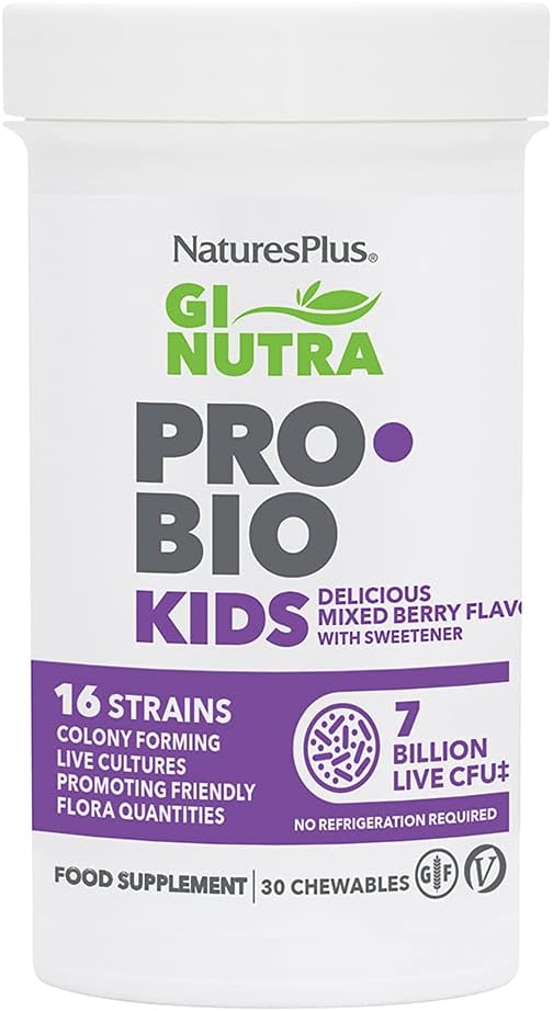 Natures Plus GI Enfants probiotiques naturels, baies mixtes - 30 croustillants - Santé digestive et immunitaire juste pour les enfants - Sans gluten - 30 portions