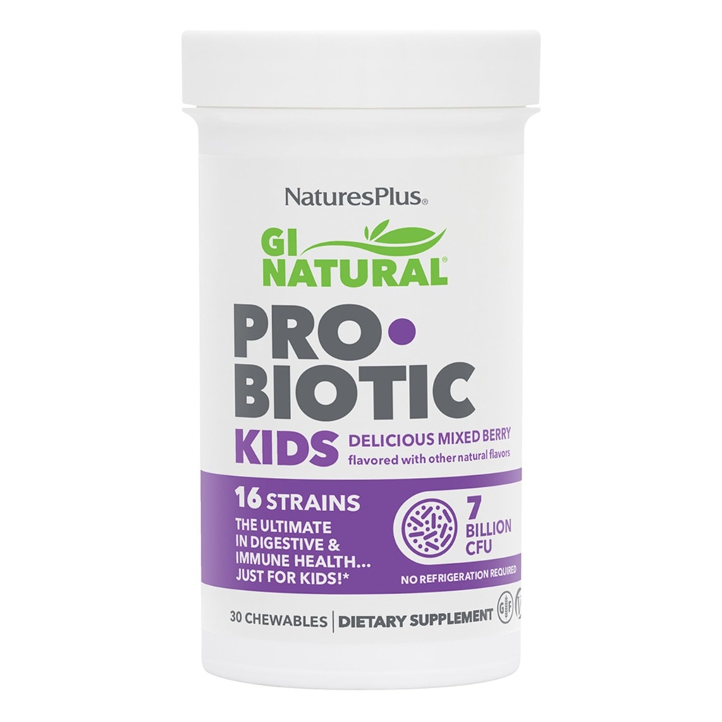Natures Plus GI Enfants probiotiques naturels, baies mixtes - 30 croustillants - Santé digestive et immunitaire juste pour les enfants - Sans gluten - 30 portions