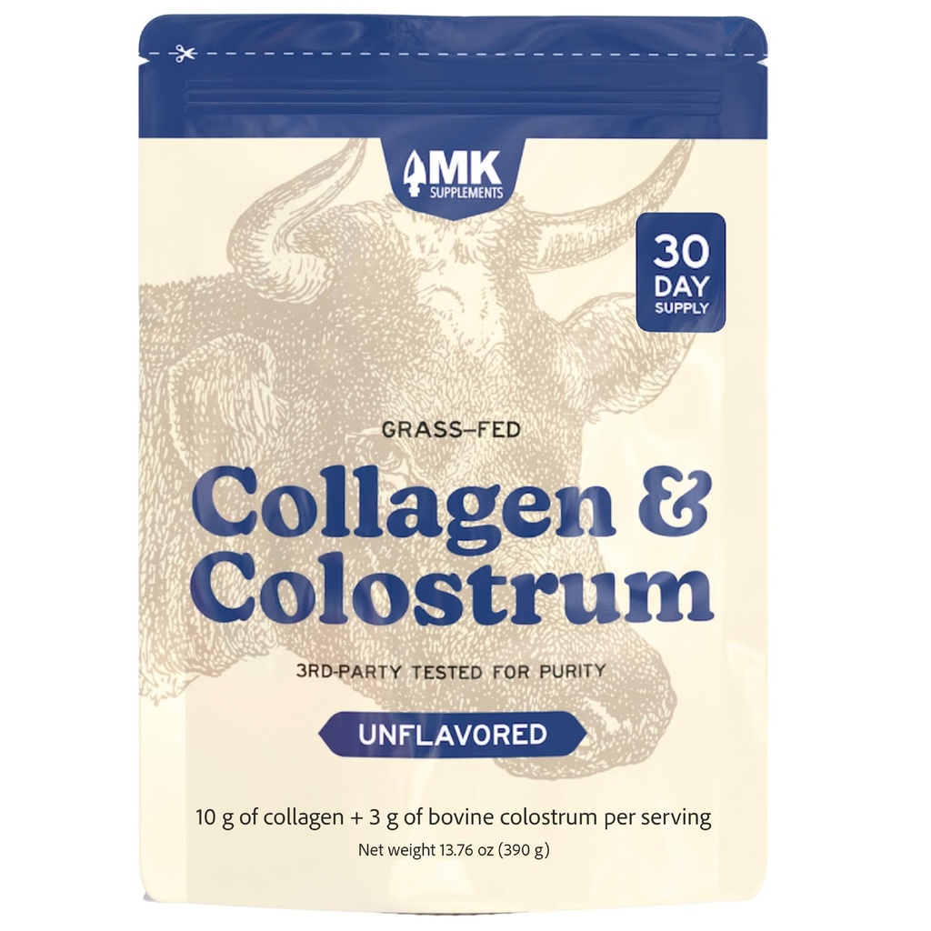 Suppléments MK Collagène & Colostrum – Poudre de collagène et de colostrum de la bouche – Skin, Gut, Joint & Immune Support – Keto, Paléo, Carnivore – Pas d'additifs