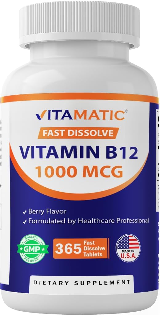 Vitamine Vitamatique B12 1000 mcg Dissolve rapide – 365 Comprimés – Saveur de Berry Naturel – soutient le métabolisme énergétique et la santé du système nerveux