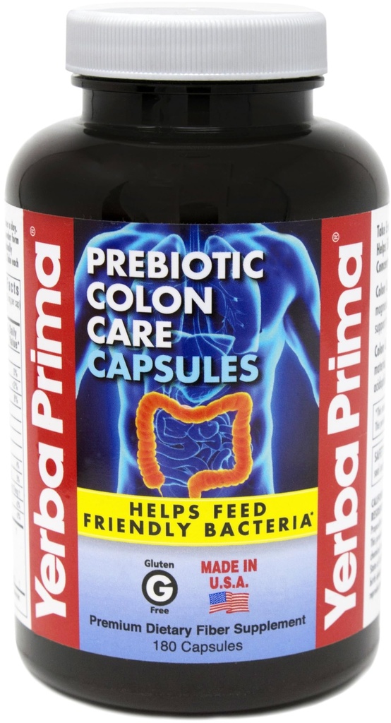 Yerba Prima Prebiotics Colon Care Fibre Caps, 180 Capsules - Cinq Formes de Fibre Plus FOS Prébiotiques - Supplément diététique santé - Fibres solubles et insolubles saines pour la régularité