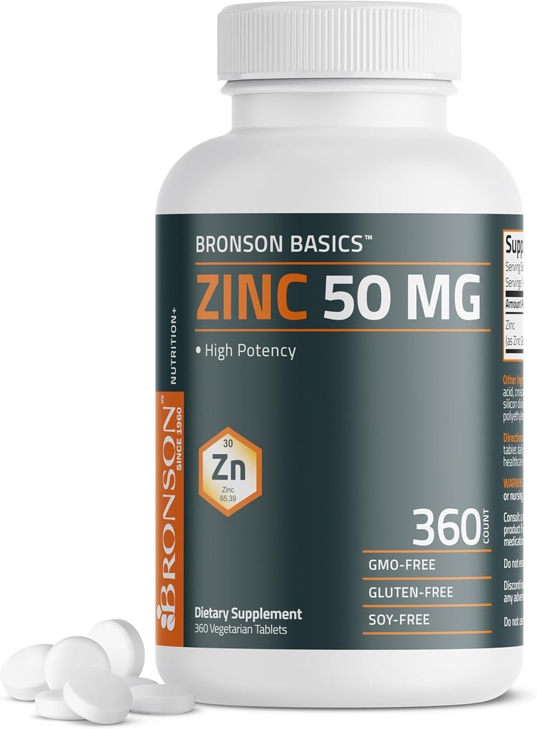 Bronson Zinc 50 MG Haute puissance Un an d'approvisionnement soutient la santé immunitaire, antioxydante et de la peau - non-OGM, 360 comprimés végétariens