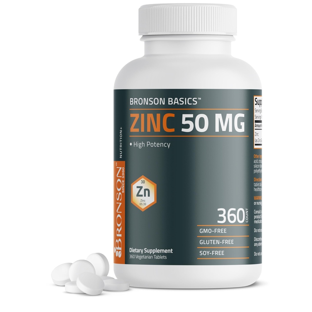 Bronson Zinc 50 MG haute puissance soutient la santé immunitaire, antioxydante et de la peau - non-OGM, 360 comprimés végétariens