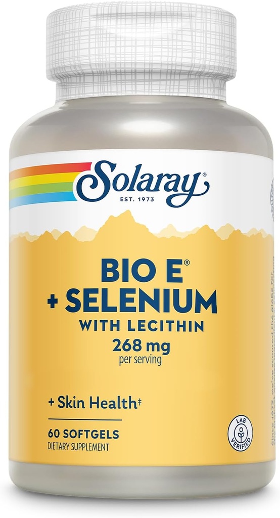 Bio Vitamine E 400 UI (268 mg) avec Sélénium 100 mcg et Lecithine - Support thyroïdien, Supplément antioxydant et immunosupport, Haute absorption, Verifié en laboratoire, Garantie de 60 jours, 30 portions, 60 Softgels