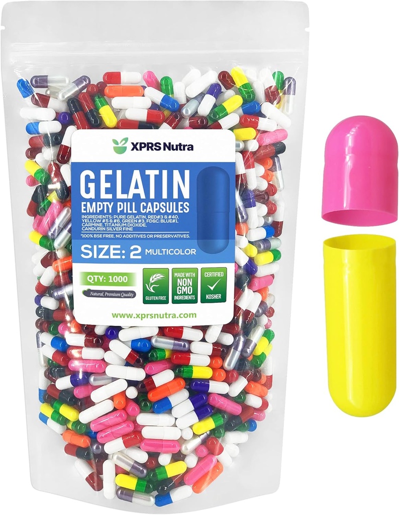 XPRS Nutra Taille 2 Capsules vides - 1000 Compte Capsules de gélatine vides - Pills Bricolage Capsule Remplissage - Pure Pill Gel Caps pour Do-It-Youlf Suppléments (Multi Color)