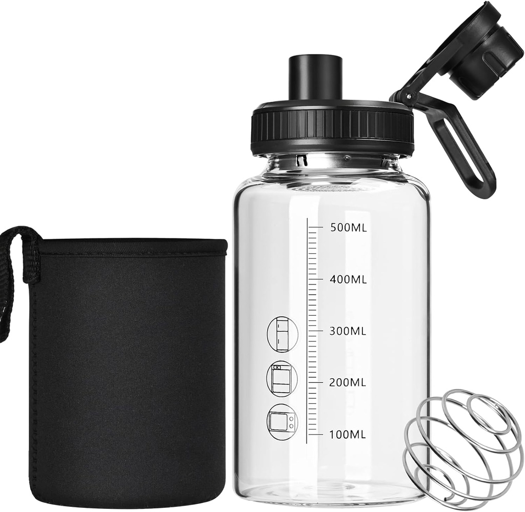 Bouteille de shaker en verre, 22oz sans BPA, sans odorine Bouteille de shaker avec balle en acier inoxydable 304 et brosse de nettoyage amovible pour mélanges de protéines de fitness(1paquet)