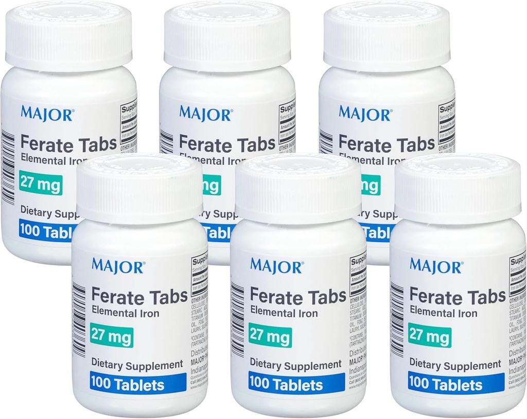 Major 27 mg Tabs ferrés - Supplément alimentaire élémentaire de fer au gluconate ferreux - 100 Compte (6 paquets)