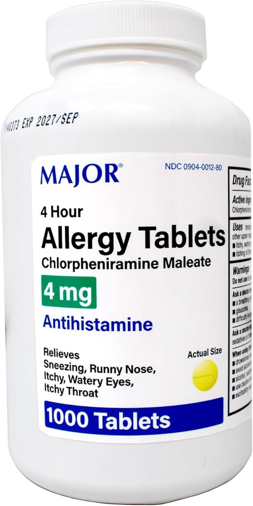 Comprimés allergiques majeurs de 4 heures - Maléate de chlorphéniramine - 4 mg - Antihistamine - 1000 comprimés (1 boîte)
