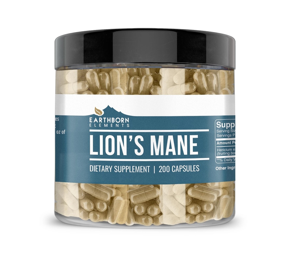 Eléments terriens Lion. Mane 200 Capsules, Pure & Non dilué, Pas d'additifs