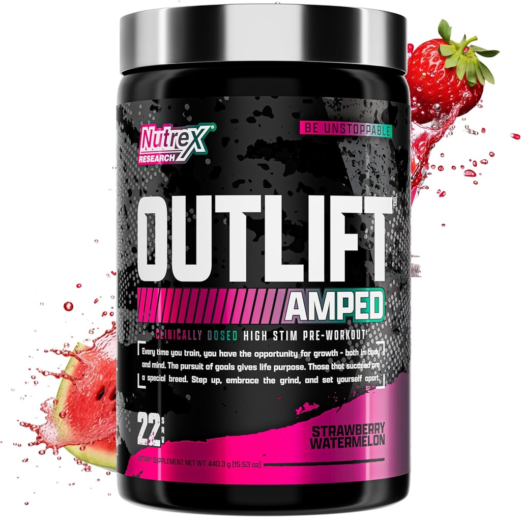 OUTLIFT Amplied Max dosed HIGH STIM Pre Workout Powder 6G Citrulline, 3.2G Beta Alanine, Alpha GPC, CognatiQ, Extreme Energy, Pompes massives, Electrolytes (Melon d'eau de mûre, 22 portions)
