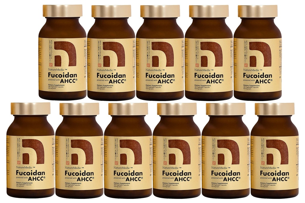 Fucoidan Powered with AHCC® Brown Seaweed Immunity Supplement with High Purity Organic Mekabu Mozuku Agaricus 10 bouteilles + 1 bouteille gratuite - 1760 capsules végétales fabriquées au Japon