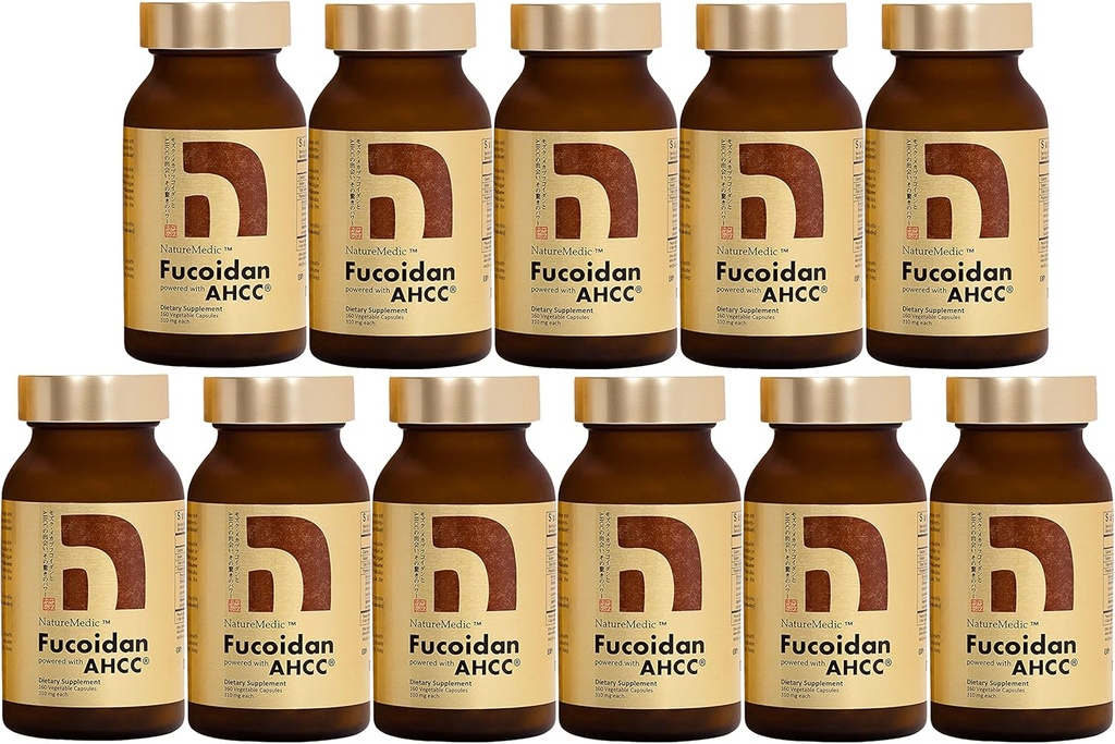 Fucoidan Powered with AHCC® Brown Seaweed Immunity Supplement with High Purity Organic Mekabu Mozuku Agaricus 10 bouteilles + 1 bouteille gratuite - 1760 capsules végétales fabriquées au Japon