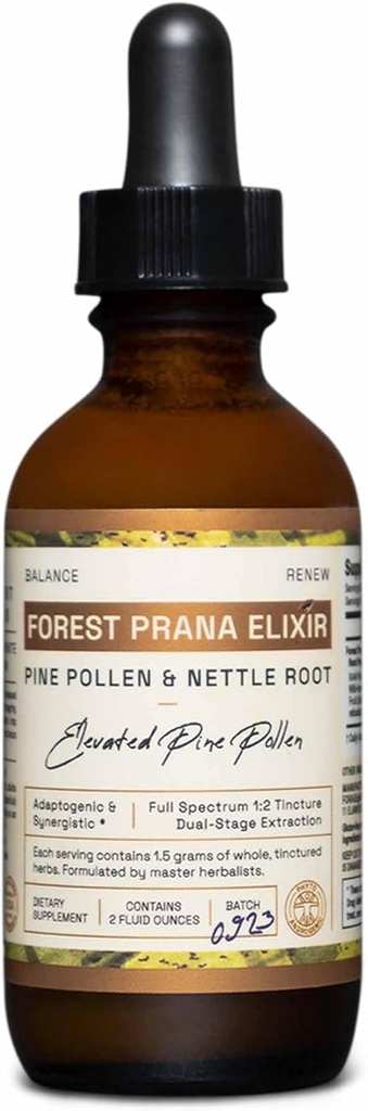 Forest Prana Elixir Pine Pollen and Nettle Root Teinture – 1:2 Vrai Extraction à double étage – Mountain Harvest Pine Pollen – Bouteille de 2 tonnes