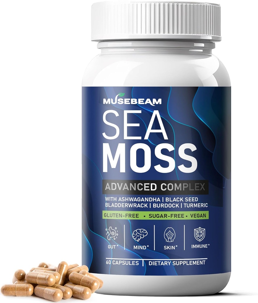 Irish Sea Moss 6000mg - 2000mg Black Seed Oil Ashwagandha Root Ginger Capsules - Avancé Seamoss Vitamine Multi Mineral Complex Supplément pilules pour hommes Femmes