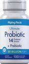 Piping Rock Probiotic et prébiotique pour les femmes et les hommes de 50 milliards CFU-100 capsules Ultimate 14 suppléments de souche de Végétarien, non OGM, sans gluten