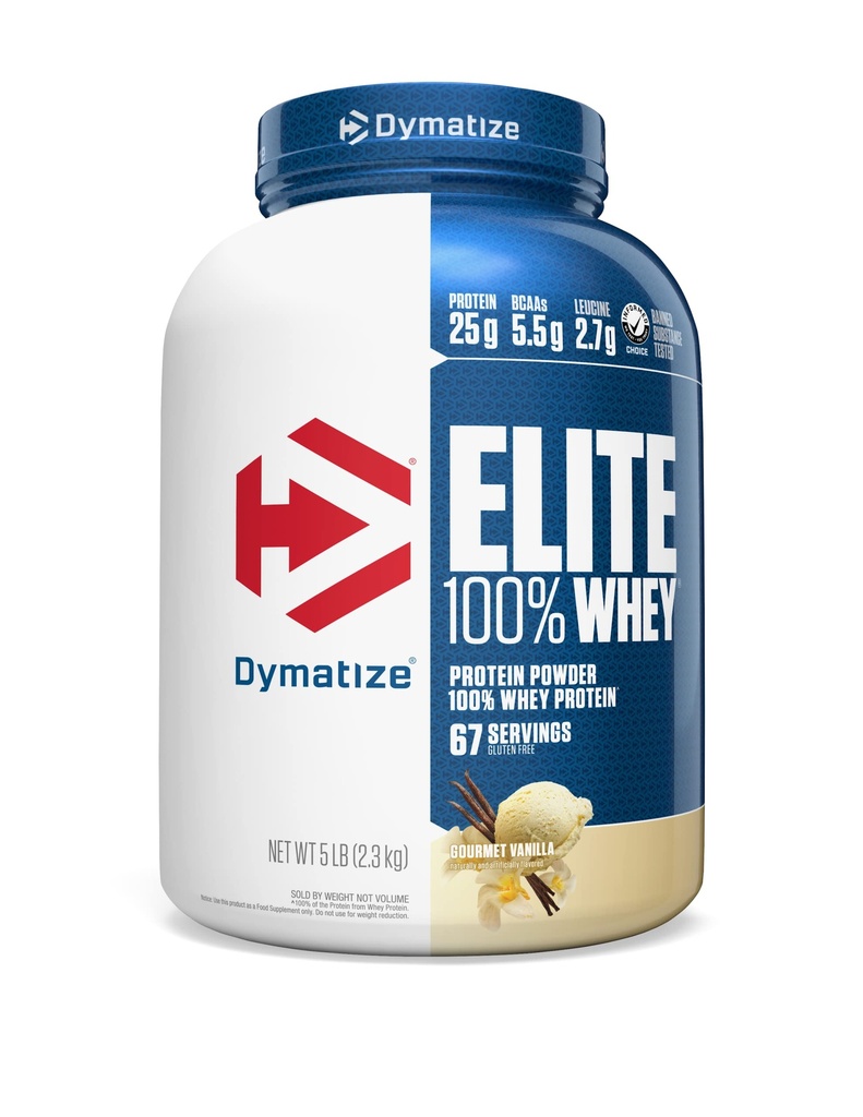 Dymatiser Elite 100% poudre de protéines de lactosérum, Vanille, 25g de protéines, 5,5g BCAA, moins de 140cal., sans gluten, 2g de glucides, 2g de sucre, 3g de gras (67 portions)