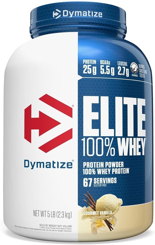 Dymatize Elite 100% poudre de protéines de lactosérum, Vanille, 25g de protéines, 5,5g BCAA, moins de 140cal., sans gluten, 2g de glucides, 2g de sucre, 3g de gras (67 portions)