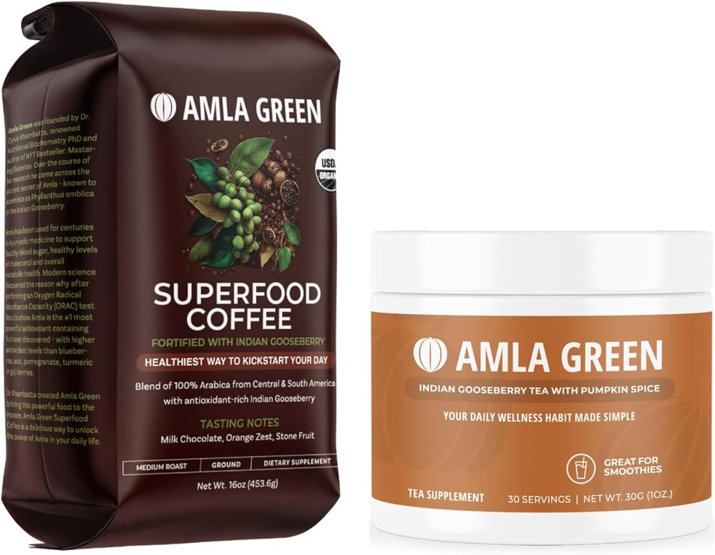 Amla Green Bio Ground Superfood Coffee and Amla Powder Superfood Supplément avec Spice de citrouille, 20x Amla ultra concentrée