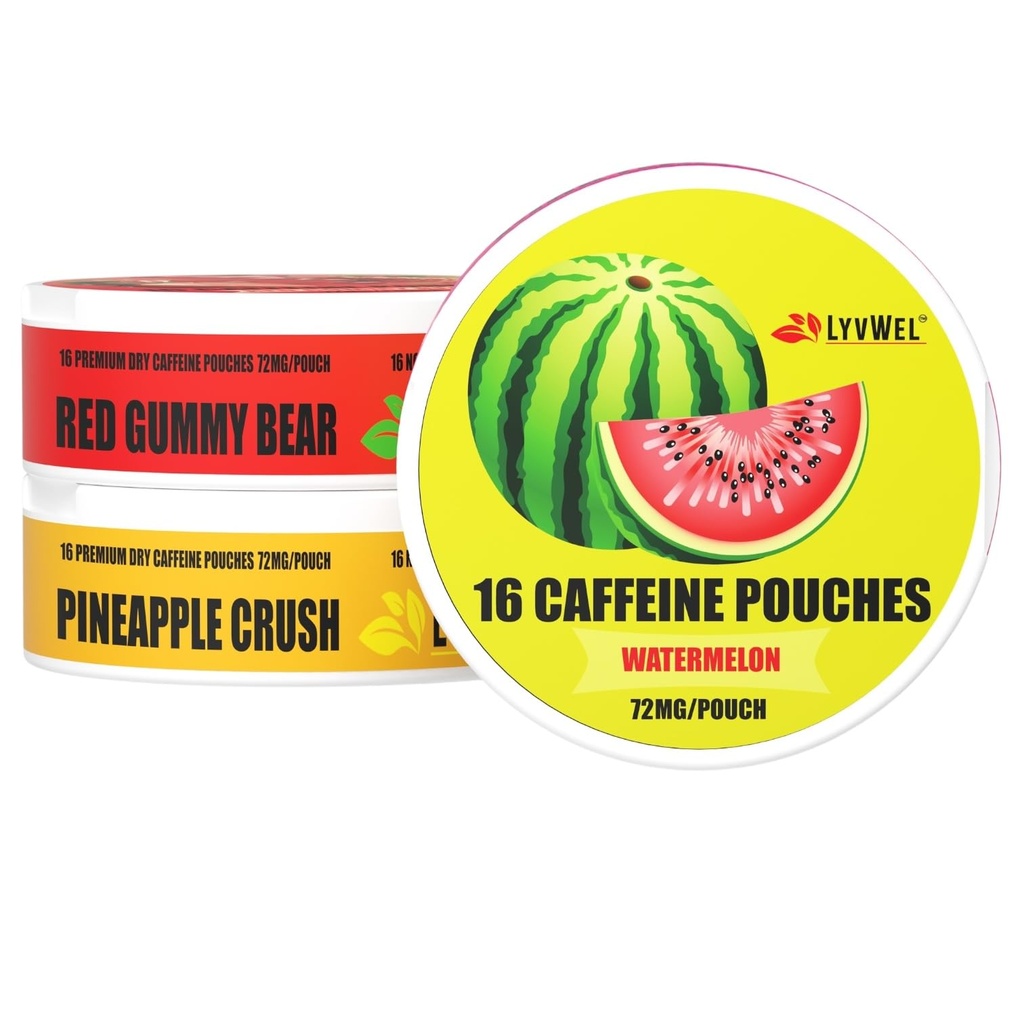 LyvWel 72mg Pouches d'énergie caféine – pastèque, ours roux, broyeur d'ananas – énergie propre juteuse avec Guarana – 3-pack (48 Pouches totales)