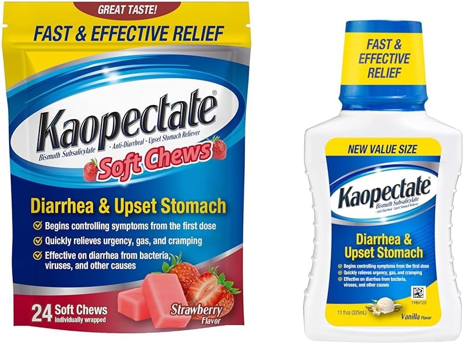 Kaopectate Anti-Diarrheal Soft Chews 24 Count and Upset Stomach Relief Liquid 11 Fl Oz