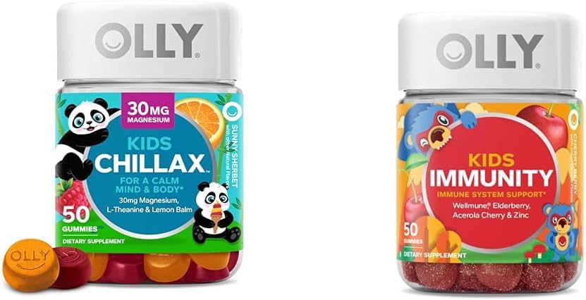 OLLY Kids Chillax, Magnésium Gommies Plus L-Theanine, Lemon Balm & Kids Immunity Gummy, Immune Support, Wellmune, Elderberry, Vitamine C, Zinc, Supplément à croquer, Cerise - 50 Compte